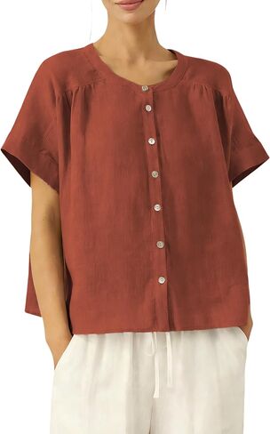 Women's Linen Button Down Shirts Pleated Crew Neck Short Sleeves Blouse Lightweight Loose Fit Casual Tops in Saudi Arabia