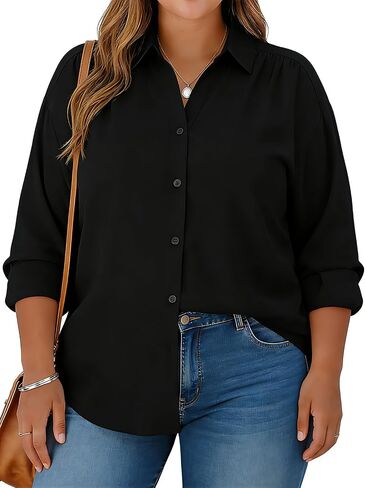 Plus Size Womens Solid Color V Neck Button Down Blouse Long Sleeve Casual Business Dressy Blouses S-5XL in Saudi Arabia