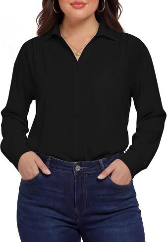 Plus Size Womens Solid Color V Neck Button Down Blouse Long Sleeve Casual Business Dressy Blouses S-5XL in Saudi Arabia