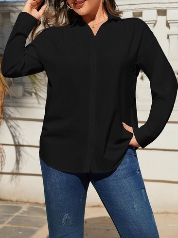 Plus Size Womens Solid Color V Neck Button Down Blouse Long Sleeve Casual Business Dressy Blouses S-5XL in Saudi Arabia