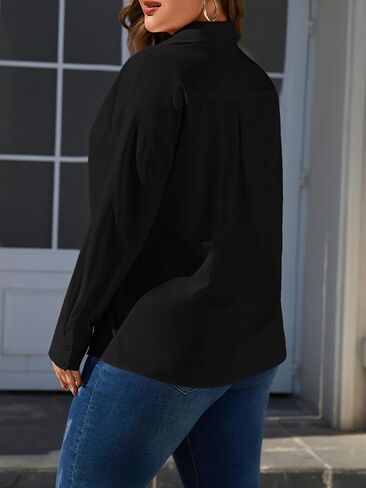 Plus Size Womens Solid Color V Neck Button Down Blouse Long Sleeve Casual Business Dressy Blouses S-5XL in Saudi Arabia