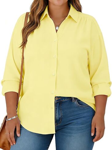 Plus Size Womens Solid Color V Neck Button Down Blouse Long Sleeve Casual Business Dressy Blouses S-5XL in Saudi Arabia