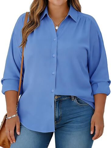 Plus Size Womens Solid Color V Neck Button Down Blouse Long Sleeve Casual Business Dressy Blouses S-5XL in Saudi Arabia