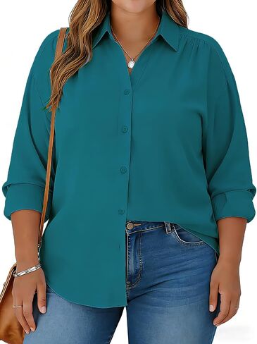 Plus Size Womens Solid Color V Neck Button Down Blouse Long Sleeve Casual Business Dressy Blouses S-5XL in Saudi Arabia