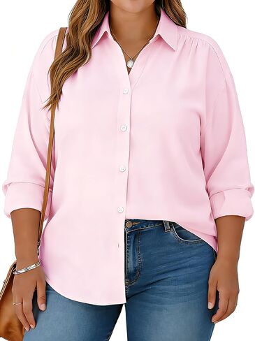 Plus Size Womens Solid Color V Neck Button Down Blouse Long Sleeve Casual Business Dressy Blouses S-5XL in Saudi Arabia
