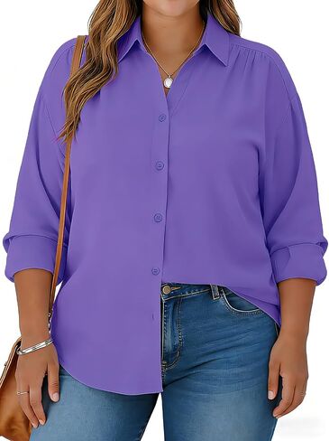 Plus Size Womens Solid Color V Neck Button Down Blouse Long Sleeve Casual Business Dressy Blouses S-5XL in Saudi Arabia