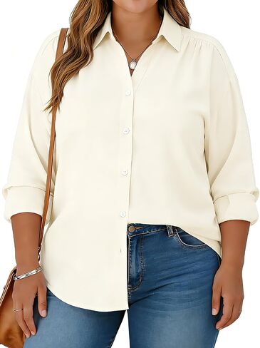 Plus Size Womens Solid Color V Neck Button Down Blouse Long Sleeve Casual Business Dressy Blouses S-5XL in Saudi Arabia