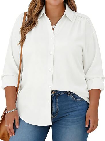 Plus Size Womens Solid Color V Neck Button Down Blouse Long Sleeve Casual Business Dressy Blouses S-5XL in Saudi Arabia