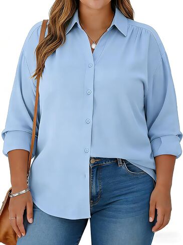 Plus Size Womens Solid Color V Neck Button Down Blouse Long Sleeve Casual Business Dressy Blouses S-5XL in Saudi Arabia