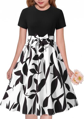 NEW 6-14 Years Girls Dress Short Sleeve Floral Print A-Line Bow Party Wedding Guest Church Midi Dress in Kuwait