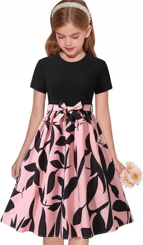 NEW 6-14 Years Girls Dress Short Sleeve Floral Print A-Line Bow Party Wedding Guest Church Midi Dress in Kuwait