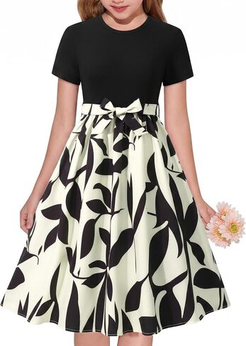 NEW 6-14 Years Girls Dress Short Sleeve Floral Print A-Line Bow Party Wedding Guest Church Midi Dress in Kuwait