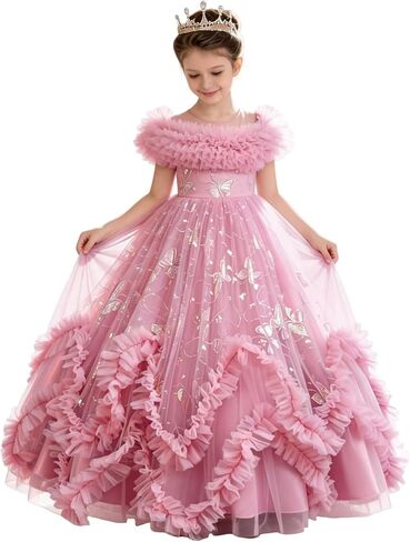 Flower Girl Dress Ruffle Butterfly Embroidery Princess Dress Tiered Tulle Wedding Party Birthday Ball Gown 4-10 Years in Saudi Arabia