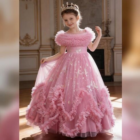 Flower Girl Dress Ruffle Butterfly Embroidery Princess Dress Tiered Tulle Wedding Party Birthday Ball Gown 4-10 Years in Kuwait