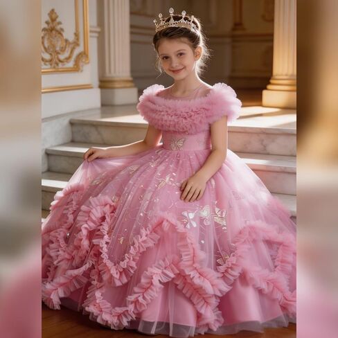 Flower Girl Dress Ruffle Butterfly Embroidery Princess Dress Tiered Tulle Wedding Party Birthday Ball Gown 4-10 Years in Kuwait