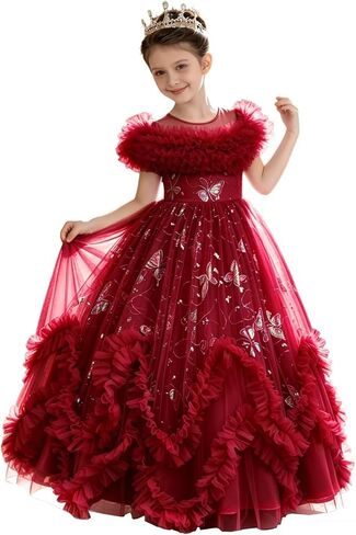 Flower Girl Dress Ruffle Butterfly Embroidery Princess Dress Tiered Tulle Wedding Party Birthday Ball Gown 4-10 Years in Kuwait
