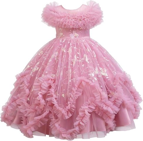 Flower Girl Dress Ruffle Butterfly Embroidery Princess Dress Tiered Tulle Wedding Party Birthday Ball Gown 4-10 Years in Kuwait