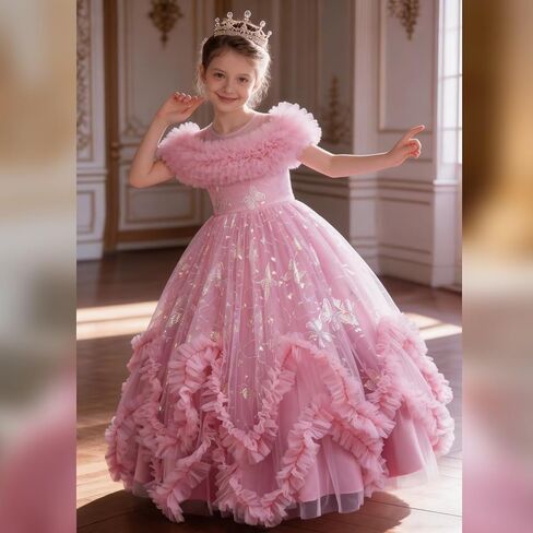 Flower Girl Dress Ruffle Butterfly Embroidery Princess Dress Tiered Tulle Wedding Party Birthday Ball Gown 4-10 Years in Kuwait