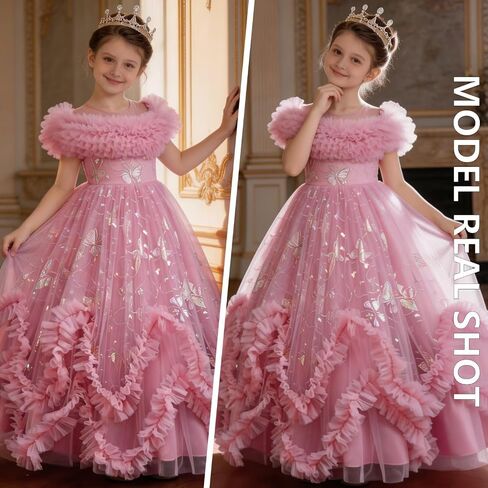 Flower Girl Dress Ruffle Butterfly Embroidery Princess Dress Tiered Tulle Wedding Party Birthday Ball Gown 4-10 Years in Kuwait