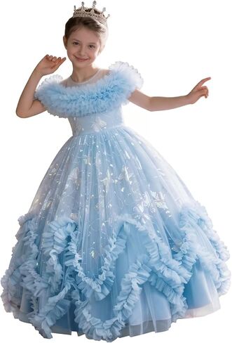 Flower Girl Dress Ruffle Butterfly Embroidery Princess Dress Tiered Tulle Wedding Party Birthday Ball Gown 4-10 Years in Kuwait