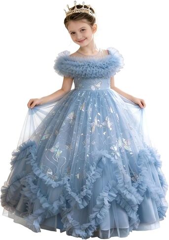 Flower Girl Dress Ruffle Butterfly Embroidery Princess Dress Tiered Tulle Wedding Party Birthday Ball Gown 4-10 Years in Kuwait