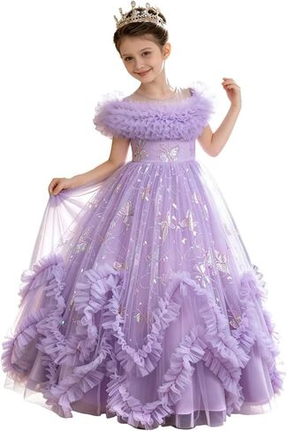 Flower Girl Dress Ruffle Butterfly Embroidery Princess Dress Tiered Tulle Wedding Party Birthday Ball Gown 4-10 Years in Kuwait