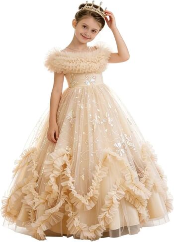 Flower Girl Dress Ruffle Butterfly Embroidery Princess Dress Tiered Tulle Wedding Party Birthday Ball Gown 4-10 Years in Kuwait