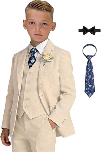 SAROULU Boys Linen Slim Fit Suits 5 Piece Lightweight Summer Beach Wedding Tuxedo Suit for Boy Ring Bearer Outfit in Saudi Arabia