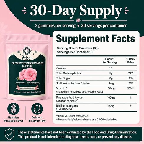 Pineapple Gummies for Women pH Balance, Feminine Probiotics for Vaginigal Health, Nutrition Feminine Gummies, Immune Support, Vegan, Gluten-Free, Hawaiian Pineapple 60 Gummies 30 Servings in Saudi Arabia