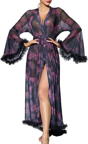 Women’s Long Lace Robe Sheer Bridal Sleepwear Floor Length Kimono Nightgown with Belt for Wedding Honeymoon Lingerie in Saudi Arabia
