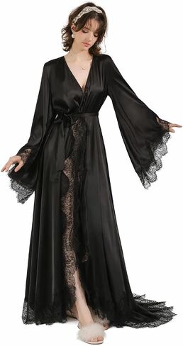 Women’s Long Lace Robe Sheer Bridal Sleepwear Floor Length Kimono Nightgown with Belt for Wedding Honeymoon Lingerie in Saudi Arabia