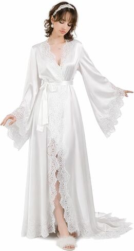 Women’s Long Lace Robe Sheer Bridal Sleepwear Floor Length Kimono Nightgown with Belt for Wedding Honeymoon Lingerie in Saudi Arabia