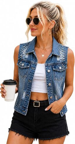 Womens Denim Vest Beading Pearls Sleeveless Jean Jacket Coat in Saudi Arabia