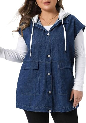 Agnes Orinda Women Plus Size Denim Vest Sleeveless with Drawstring Hood Casual Mid Long Jean Jacket Vests in Kuwait