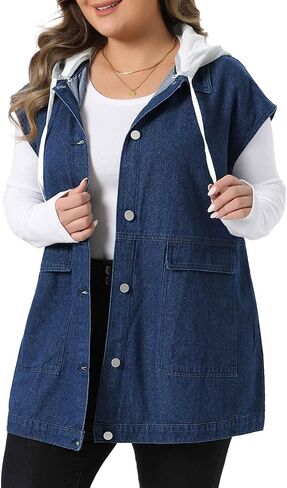 Agnes Orinda Women Plus Size Denim Vest Sleeveless with Drawstring Hood Casual Mid Long Jean Jacket Vests in Kuwait