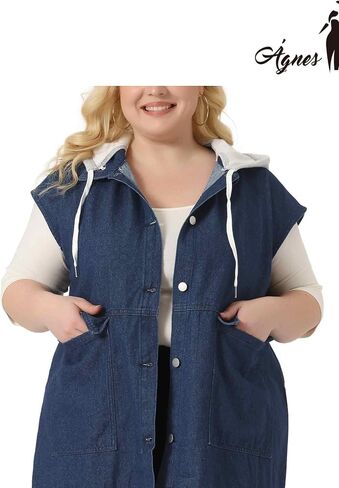 Agnes Orinda Women Plus Size Denim Vest Sleeveless with Drawstring Hood Casual Mid Long Jean Jacket Vests in Kuwait