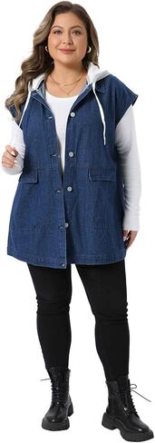 Agnes Orinda Women Plus Size Denim Vest Sleeveless with Drawstring Hood Casual Mid Long Jean Jacket Vests in Kuwait