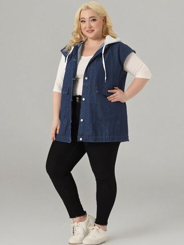 Agnes Orinda Women Plus Size Denim Vest Sleeveless with Drawstring Hood Casual Mid Long Jean Jacket Vests in Kuwait