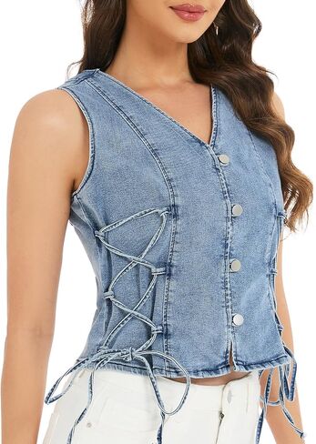 LifeShe Womens Lace Up Denim Vest Sleeveless Bow Tie V Neck Jean Waistcoat Button Down Y2K Casual Jean Top in Kuwait