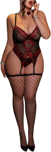 SOLY HUX Women's Plus Size Lingerie 4 Piece Lace Sheer Garter Lingerie Set with Stockings in Kuwait