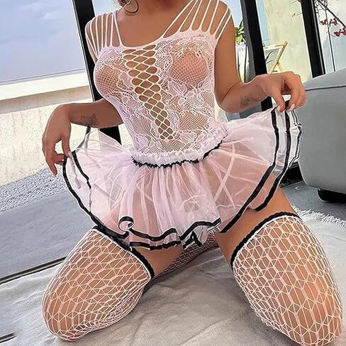 Sexy Lace Nightwear Set with Stockings Mesh Babydoll Lingerie with Ballet Ruffle Tutu Dress Christmas in Saudi Arabia
