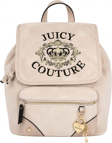 Juicy Couture Falling For Juicy Velour Backpack for Women, Drawstring Flap Closure Mini Travel Bag with Adjustable Straps & Heart Charm, 12x11x7 Inches (Sandstone) in Kuwait