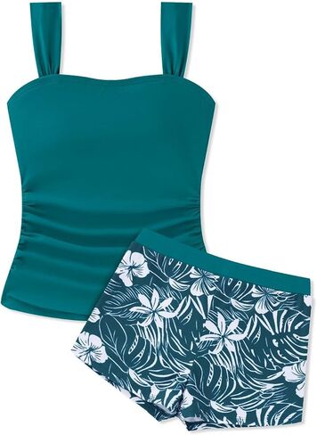 Girls Tankini Swimsuit 2 Piece Bathing Suits Square Neck Ruched Waist Tank Tops and Graphic Print Swim Shorts Sets 9-15Y in Kuwait