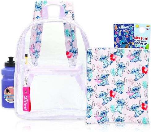 Stitch Clear Mini Backpack - 13" Stitch Iconic Transparent Small Backpack with Front Pocket, Water Bottle, Stickers Bundle | Adjusts to Fit Teens, Adults, Women in Kuwait