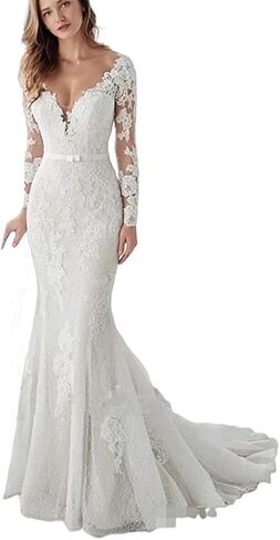 V-Neck Wedding Dresses Long Sleeve Lace Mermaid Beach Wedding Dresses for Bride 2024 Boho Bridal Gowns for Women in Saudi Arabia