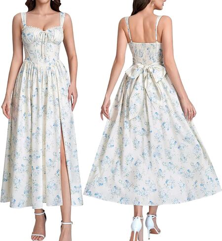 Auraxe Women's Floral Corset Midi Wedding Guest Dress Summer Flowy Tea Party Dresses Bow Tie Slit Beach Sundress for Women in Saudi Arabia