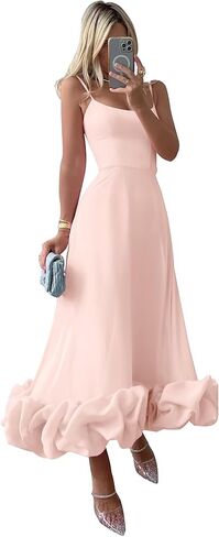 Women's Midi Prom Dresses Flounce Bustier Trim Ruffle Formal Wedding Party Dress Tea Length in Kuwait