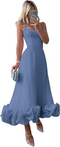 Women's Midi Prom Dresses Flounce Bustier Trim Ruffle Formal Wedding Party Dress Tea Length in Kuwait