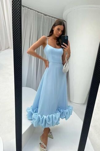 Women's Midi Prom Dresses Flounce Bustier Trim Ruffle Formal Wedding Party Dress Tea Length in Kuwait