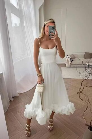 Women's Midi Prom Dresses Flounce Bustier Trim Ruffle Formal Wedding Party Dress Tea Length in Kuwait